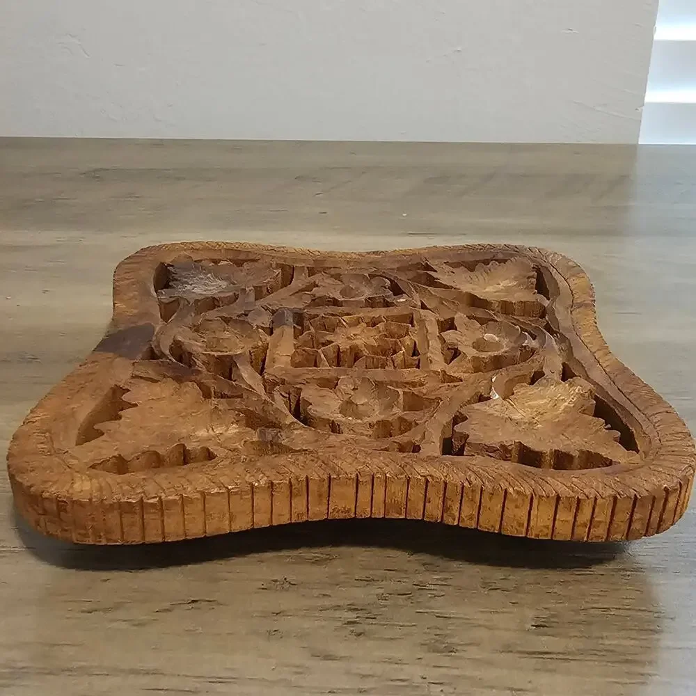 Vintage Hand Carved Wooden Trivet Indian Teak Hot Plate Boho Footed Wall Decor